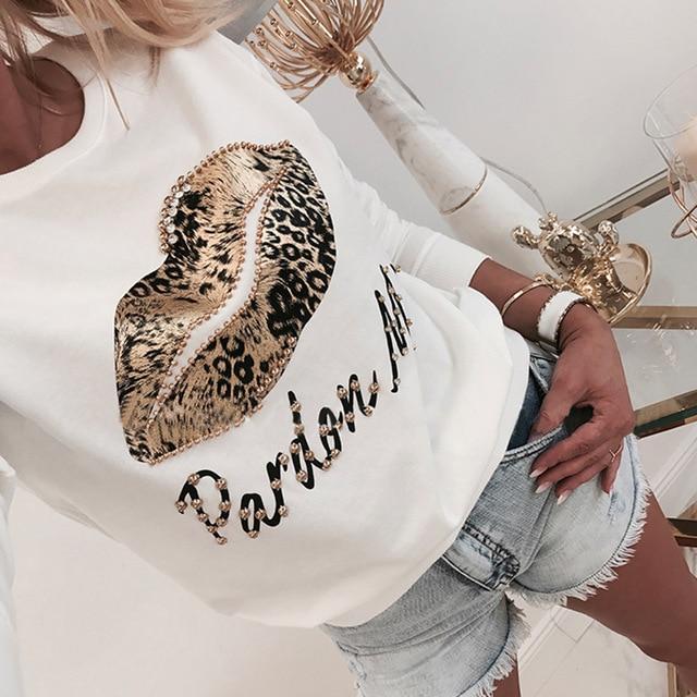 Long Sleeve Women Blouse Lips Letter Printed White O Neck - Easy Pickins Store