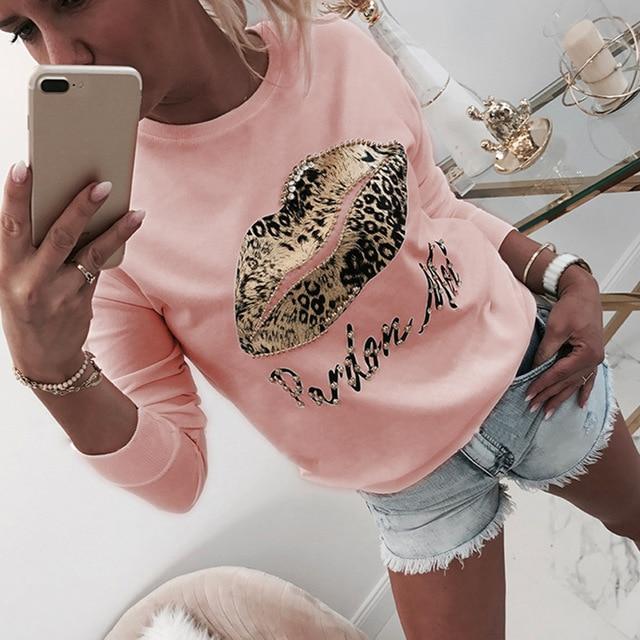 Long Sleeve Women Blouse Lips Letter Printed White O Neck - Easy Pickins Store