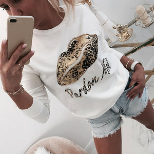 Long Sleeve Women Blouse Lips Letter Printed White O Neck - Easy Pickins Store