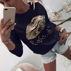 Long Sleeve Women Blouse Lips Letter Printed White O Neck - Easy Pickins Store