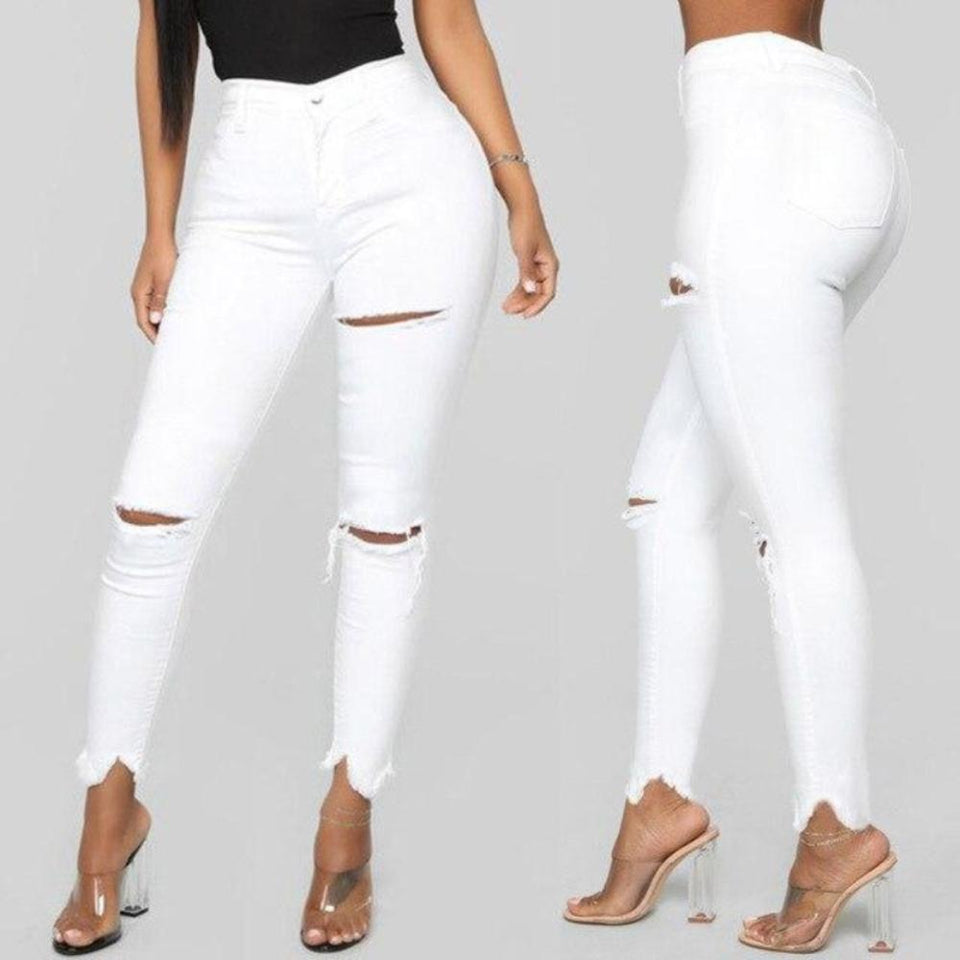 Loose White Hole Mid Waist Jeans Denim Skinny Stretch Wide Pencil - Easy Pickins Store