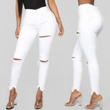 Loose White Hole Mid Waist Jeans Denim Skinny Stretch Wide Pencil - Easy Pickins Store