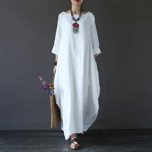 Maxi Dress O Neck Long Sleeve Cotton Linen Gown Robe - Easy Pickins Store