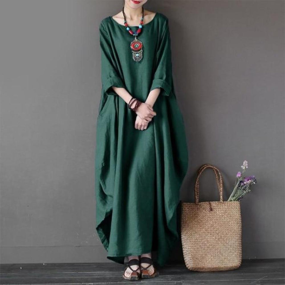 Maxi Dress O Neck Long Sleeve Cotton Linen Gown Robe - Easy Pickins Store