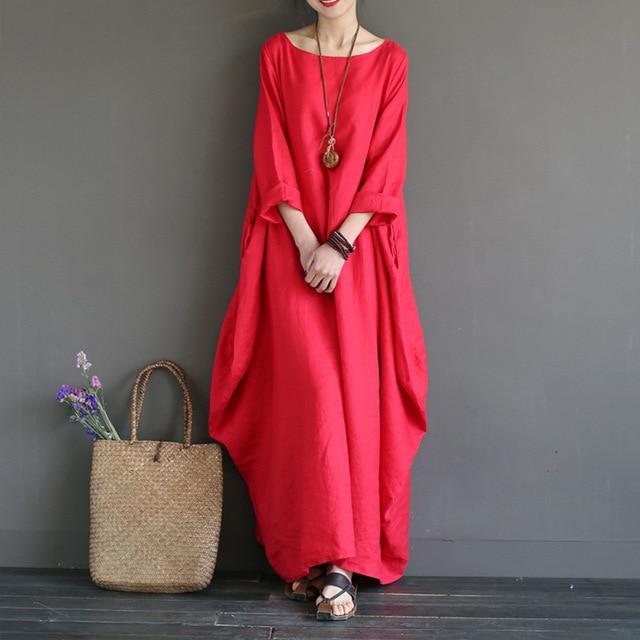 Maxi Dress O Neck Long Sleeve Cotton Linen Gown Robe - Easy Pickins Store