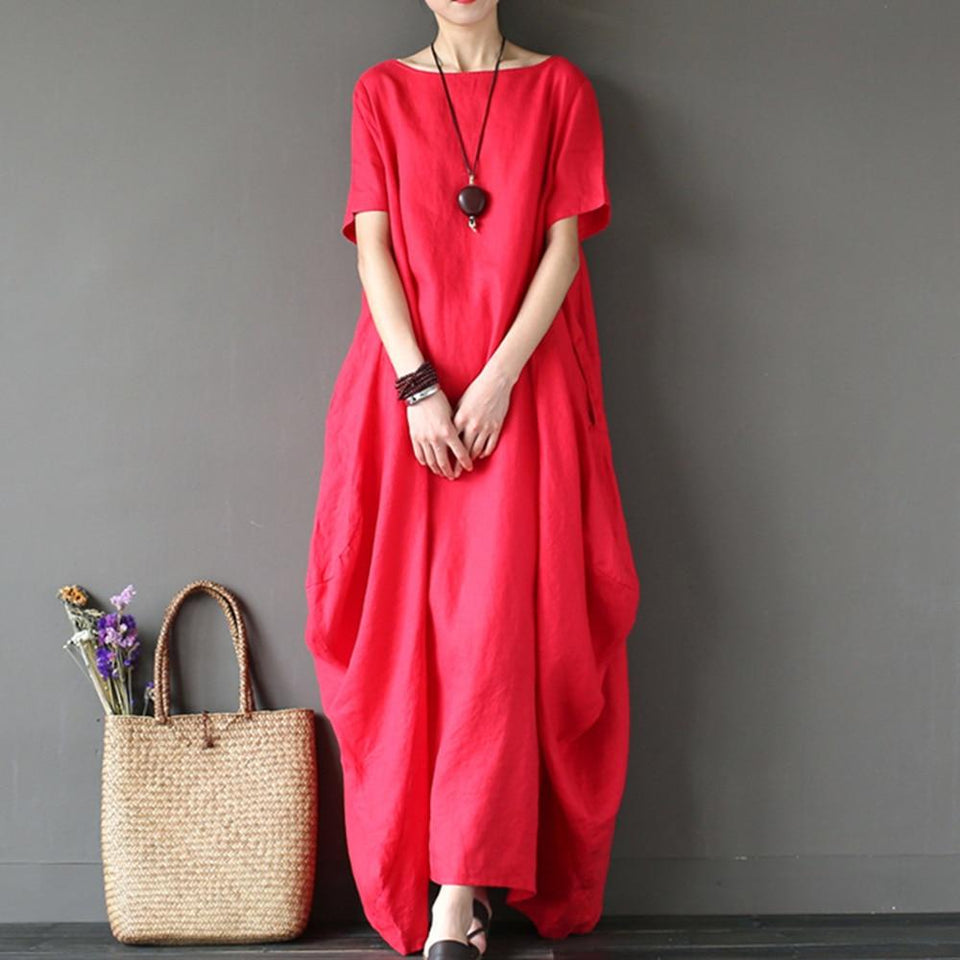 Maxi Dress O Neck Long Sleeve Cotton Linen Gown Robe - Easy Pickins Store