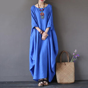 Maxi Dress O Neck Long Sleeve Cotton Linen Gown Robe - Easy Pickins Store