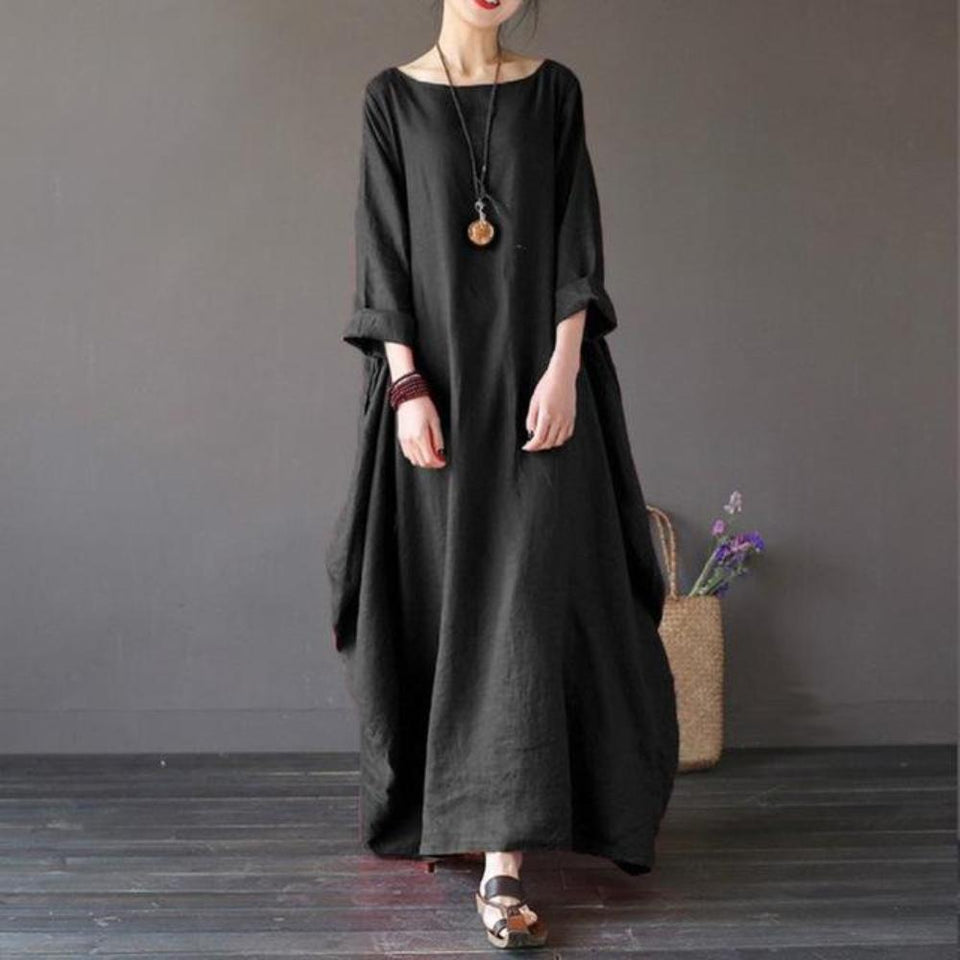 Maxi Dress O Neck Long Sleeve Cotton Linen Gown Robe - Easy Pickins Store