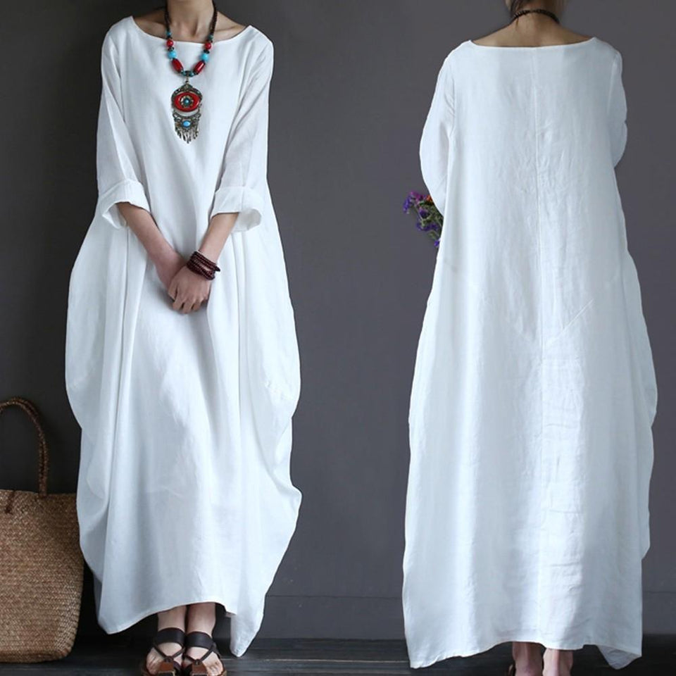 Maxi Dress O Neck Long Sleeve Cotton Linen Gown Robe - Easy Pickins Store