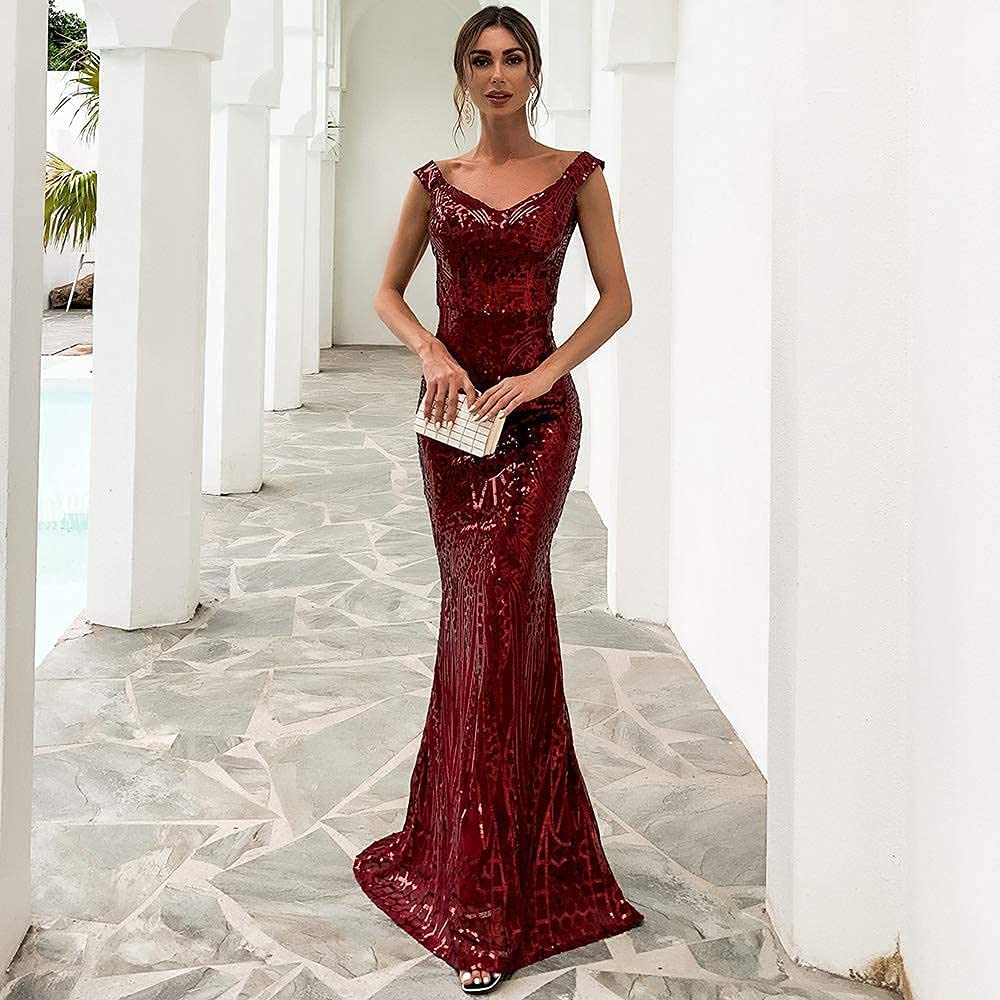 Maxi Formal Off Shoulder Sequin Backless Sleeveless Slim fit Mermaid Dress - Easy Pickins Store