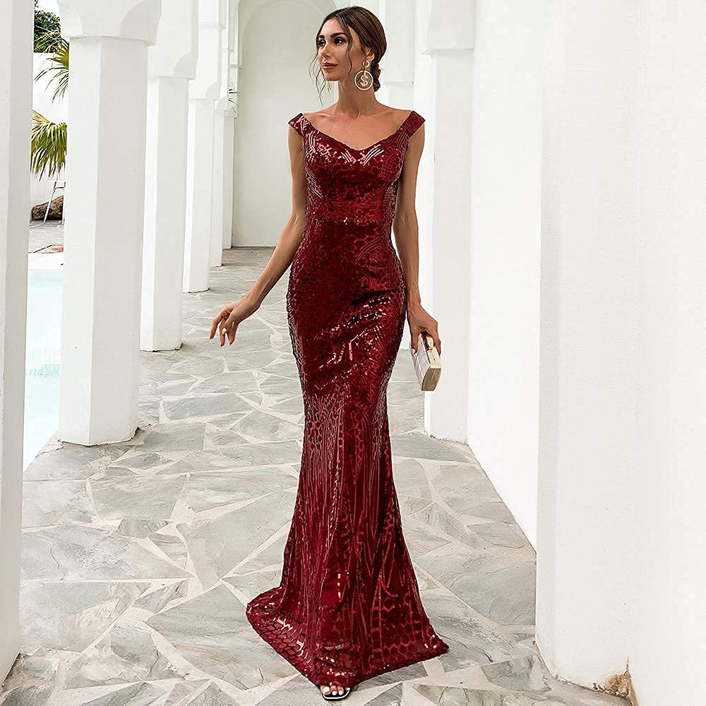 Maxi Formal Off Shoulder Sequin Backless Sleeveless Slim fit Mermaid Dress - Easy Pickins Store