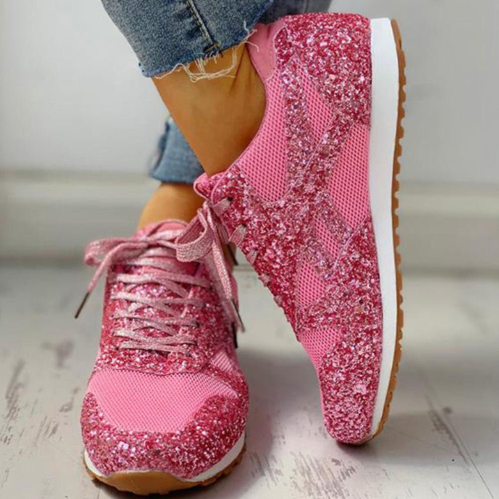 Mesh Glitter Lace Up Bling Platform Vulcanized Sneakers - Easy Pickins Store