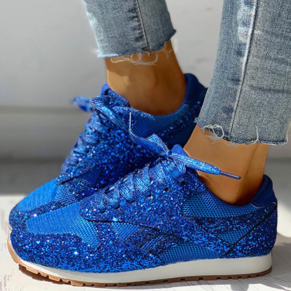 Mesh Glitter Lace Up Bling Platform Vulcanized Sneakers - Easy Pickins Store