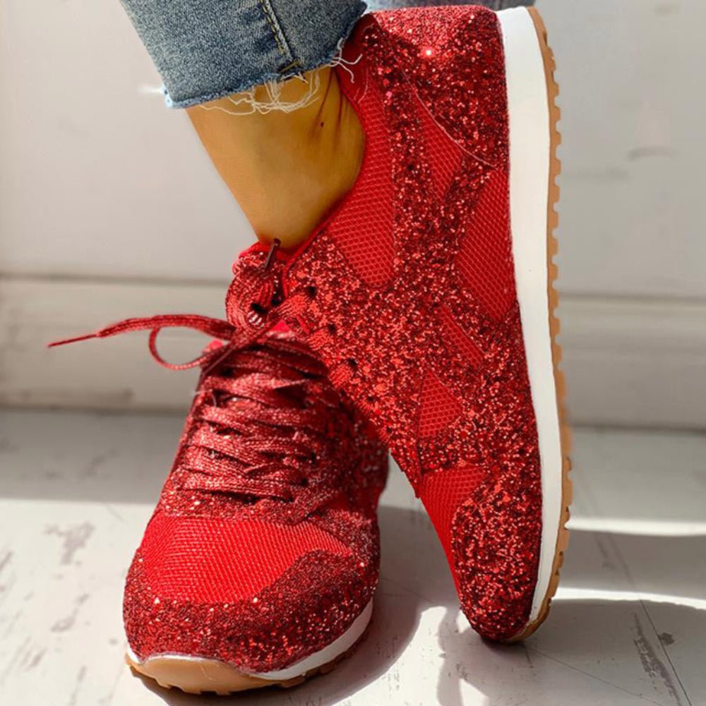 Mesh Glitter Lace Up Bling Platform Vulcanized Sneakers - Easy Pickins Store