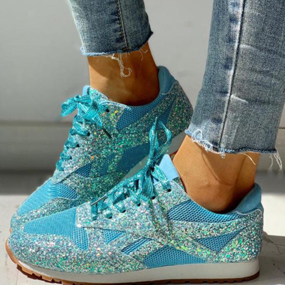 Mesh Glitter Lace Up Bling Platform Vulcanized Sneakers - Easy Pickins Store