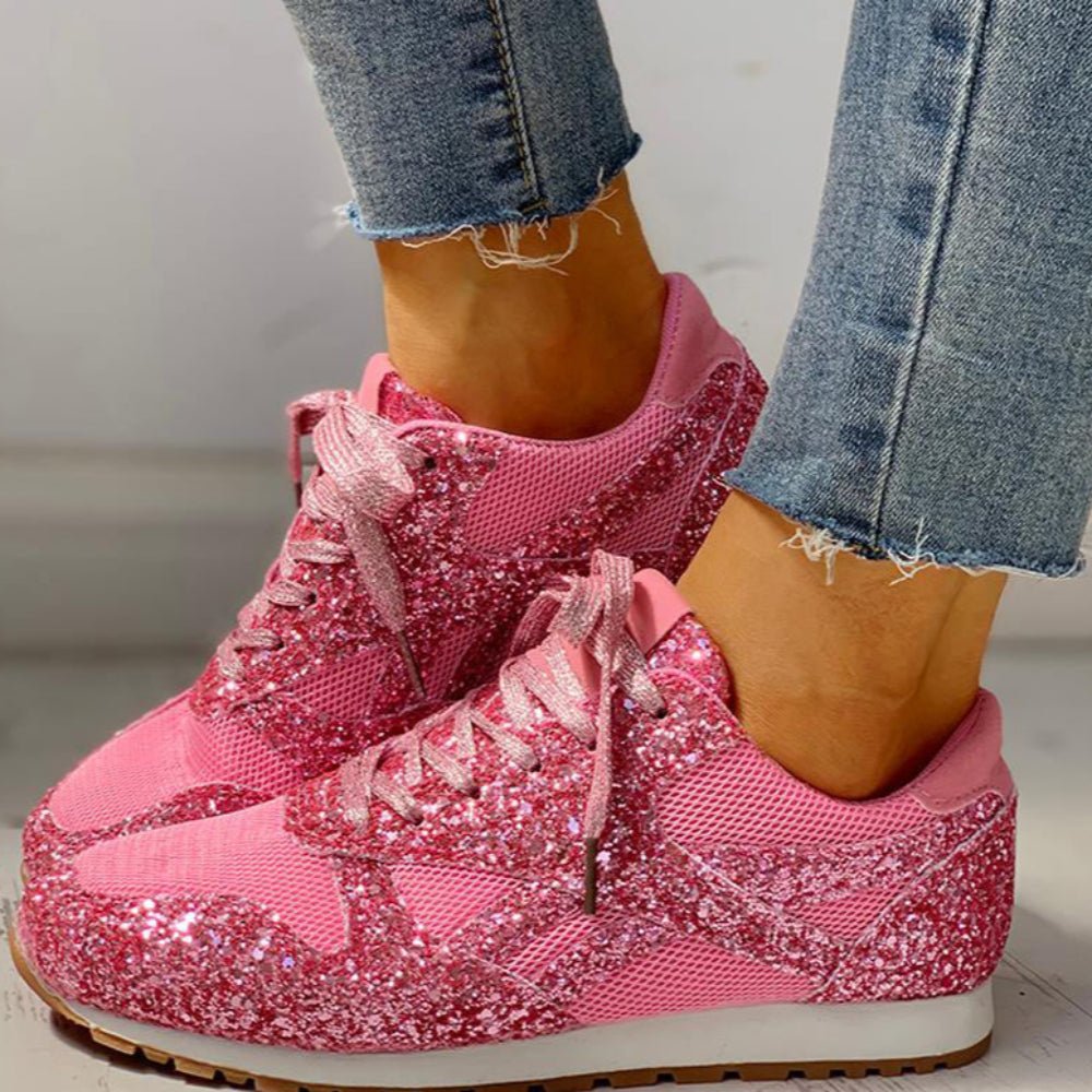 Mesh Glitter Lace Up Bling Platform Vulcanized Sneakers - Easy Pickins Store