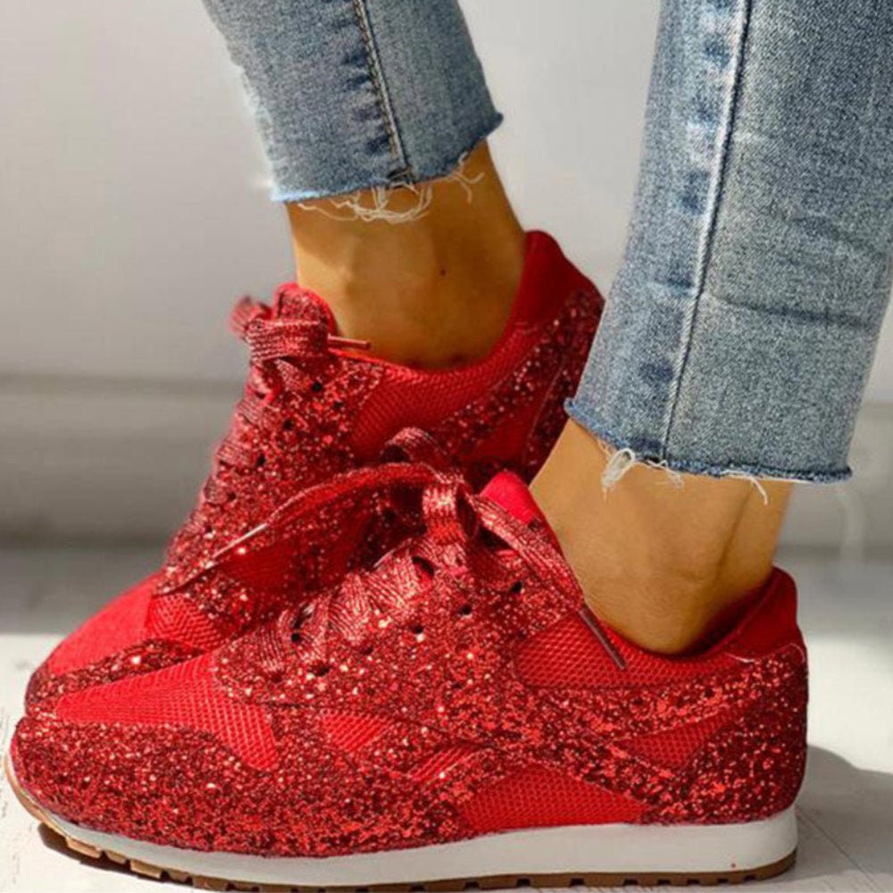 Mesh Glitter Lace Up Bling Platform Vulcanized Sneakers - Easy Pickins Store