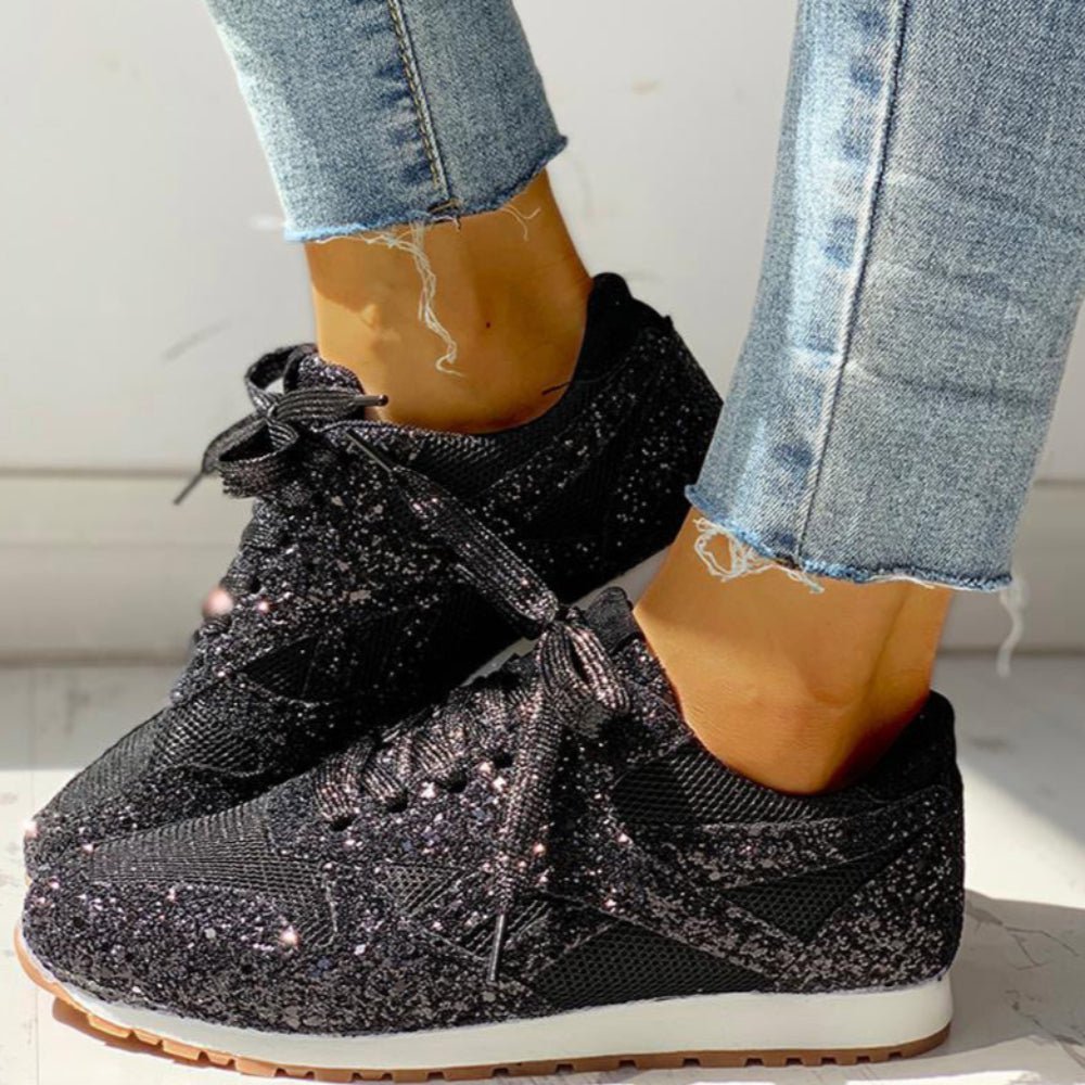 Mesh Glitter Lace Up Bling Platform Vulcanized Sneakers - Easy Pickins Store