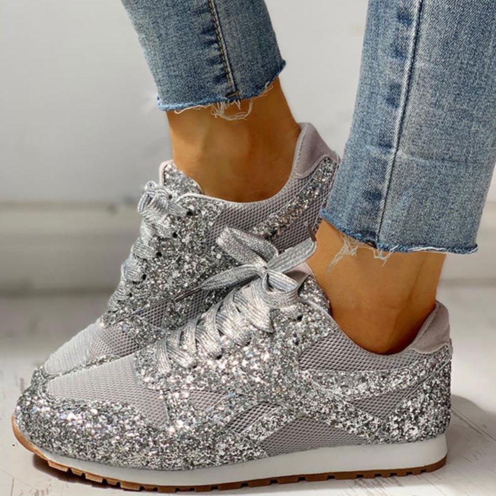 Mesh Glitter Lace Up Bling Platform Vulcanized Sneakers - Easy Pickins Store