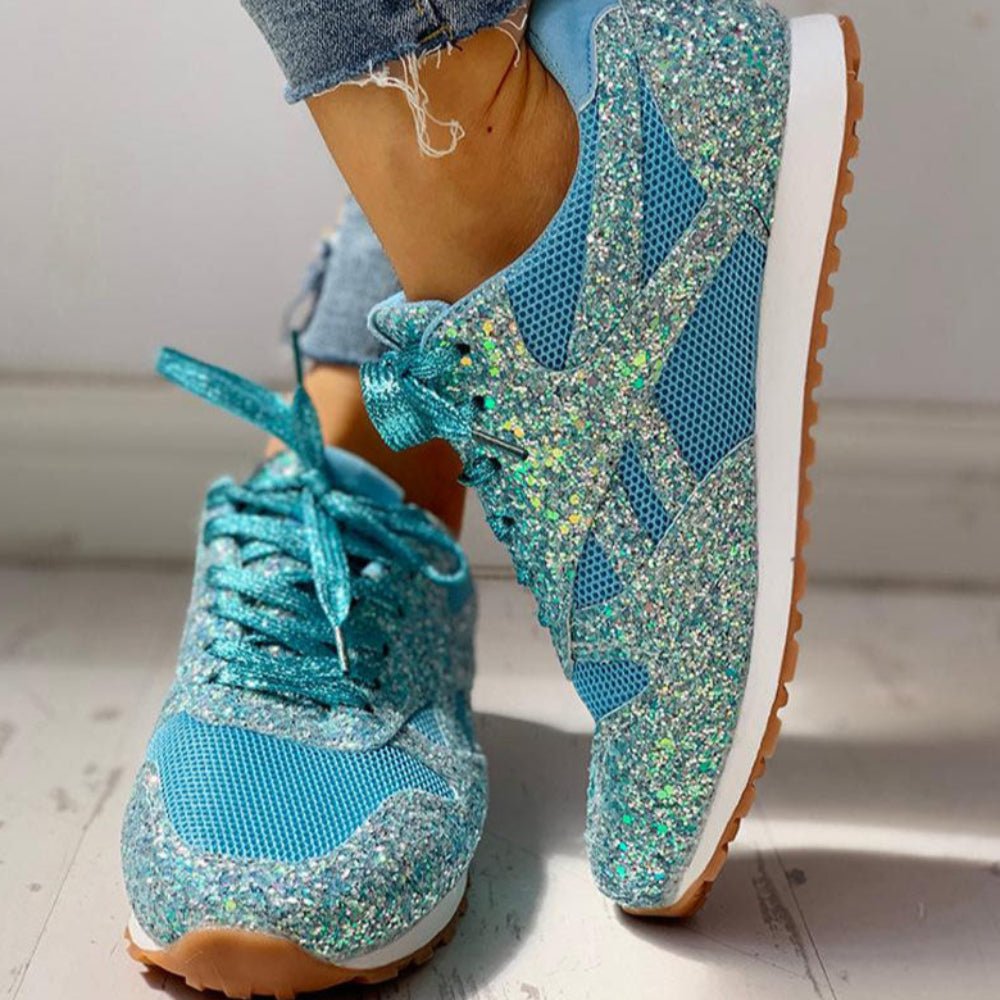 Mesh Glitter Lace Up Bling Platform Vulcanized Sneakers - Easy Pickins Store