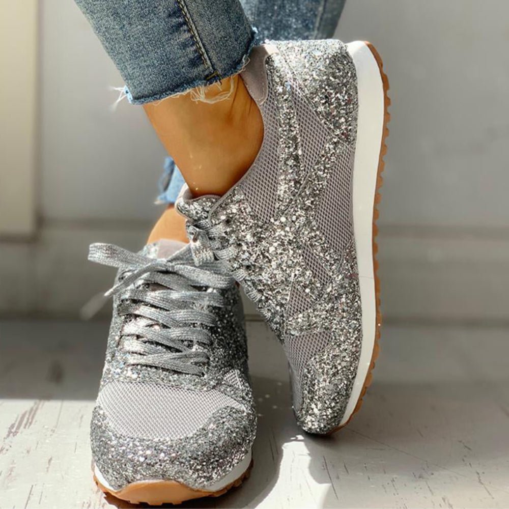 Mesh Glitter Lace Up Bling Platform Vulcanized Sneakers - Easy Pickins Store
