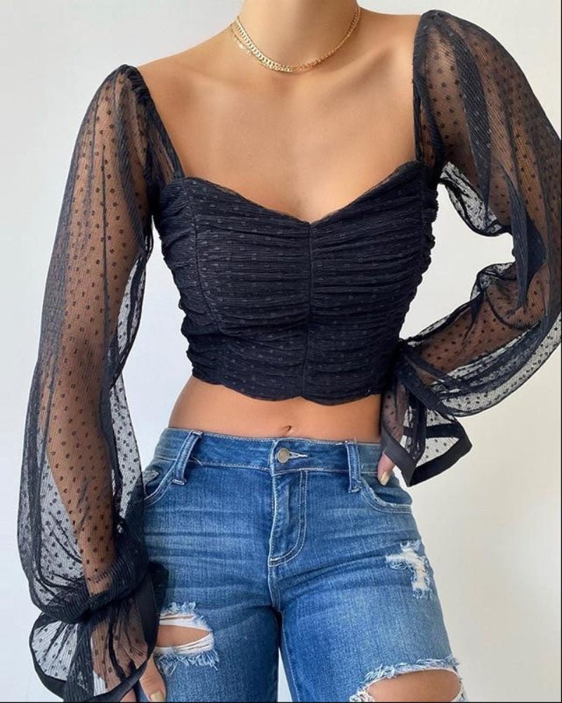 Mesh Polka Dot Long Sleeve Blouse - Easy Pickins Store