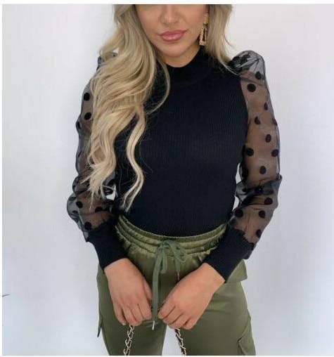 Mesh Puff Long Sleeve Ribbed Knitted Polka Dots Elegant Turtleneck Blouse - Easy Pickins Store