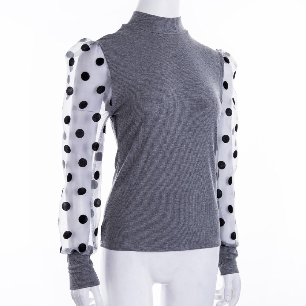 Mesh Puff Long Sleeve Ribbed Knitted Polka Dots Elegant Turtleneck Blouse - Easy Pickins Store