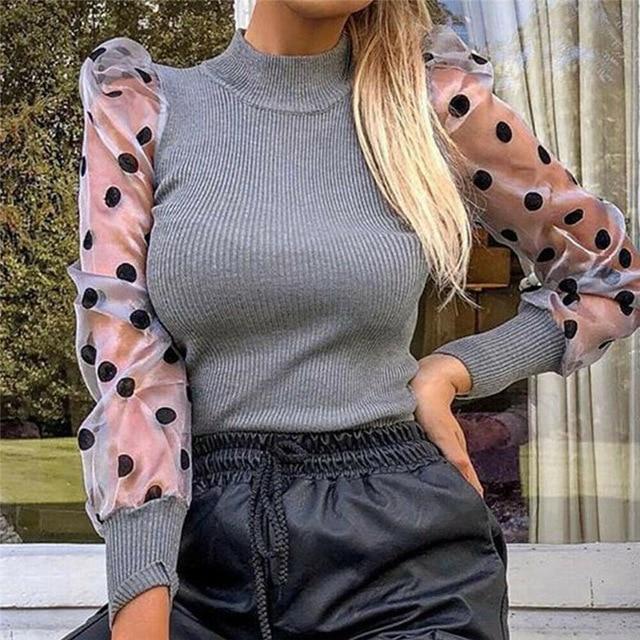 Mesh Puff Long Sleeve Ribbed Knitted Polka Dots Elegant Turtleneck Blouse - Easy Pickins Store