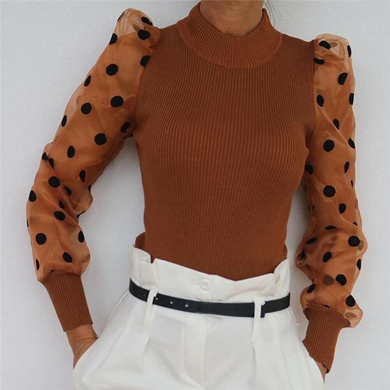 Mesh Puff Long Sleeve Ribbed Knitted Polka Dots Elegant Turtleneck Blouse - Easy Pickins Store