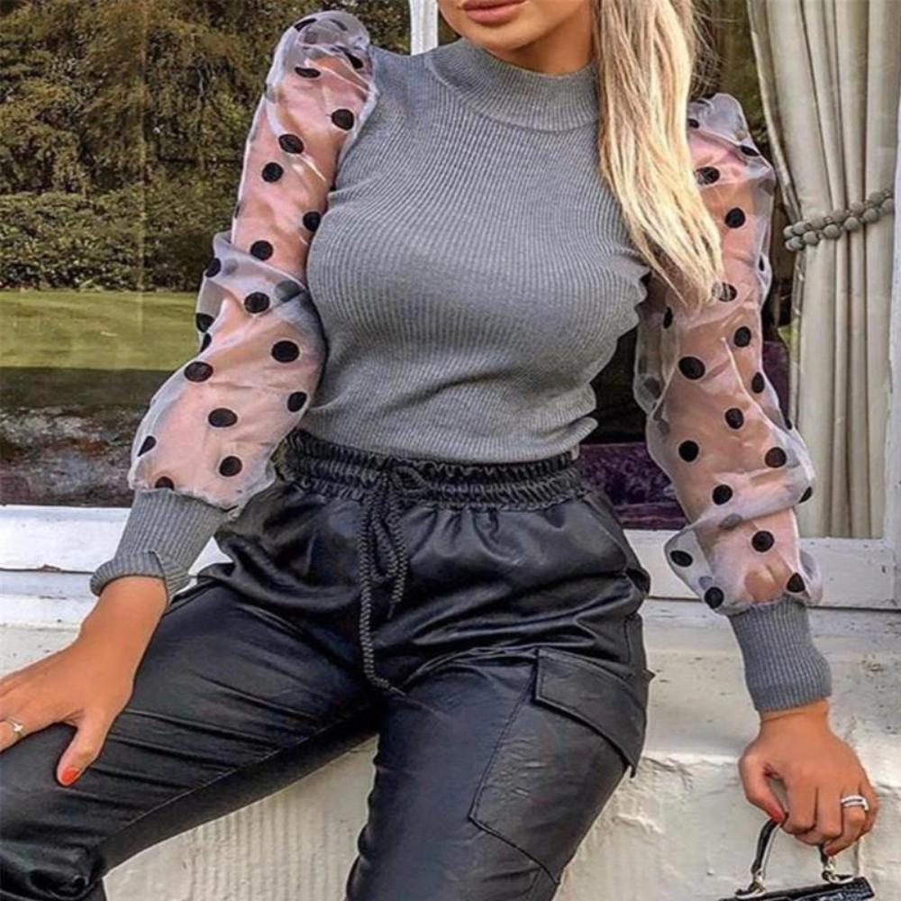 Mesh Puff Long Sleeve Ribbed Knitted Polka Dots Turtleneck Blouse - Easy Pickins Store