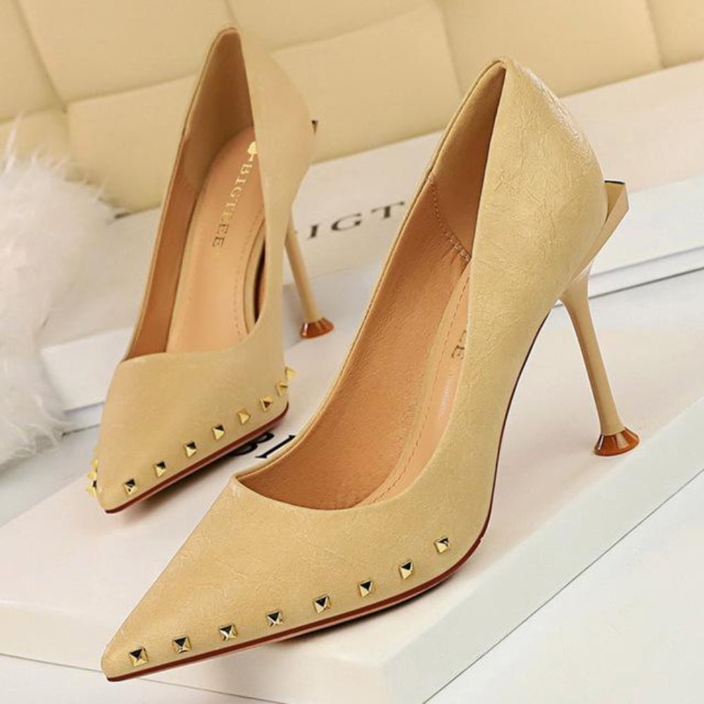 Metal Rivet Women Pumps Leather High Heels - Easy Pickins Store