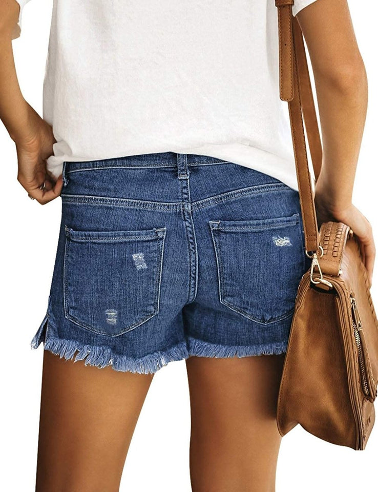Mid Rise Shorts Frayed Raw Hem Ripped Denim Jean Shorts - Easy Pickins Store
