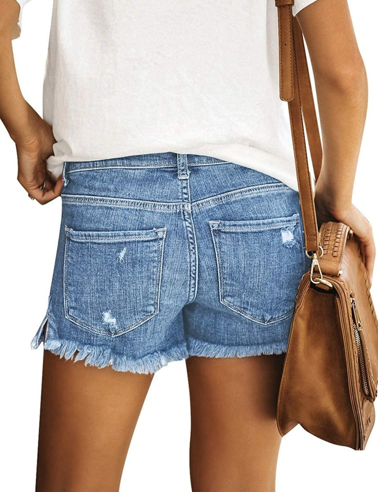 Mid Rise Shorts Frayed Raw Hem Ripped Denim Jean Shorts - Easy Pickins Store