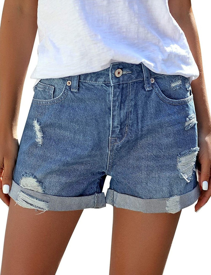 Mid Rise Shorts Frayed Raw Hem Ripped Denim Jean Shorts - Easy Pickins Store