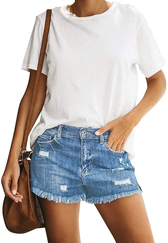 Mid Rise Shorts Frayed Raw Hem Ripped Denim Jean Shorts - Easy Pickins Store