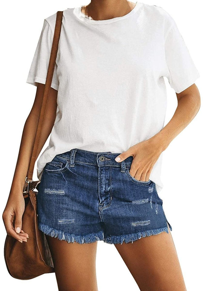 Mid Rise Shorts Frayed Raw Hem Ripped Denim Jean Shorts - Easy Pickins Store