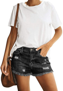 Mid Rise Shorts Frayed Raw Hem Ripped Denim Jean Shorts - Easy Pickins Store