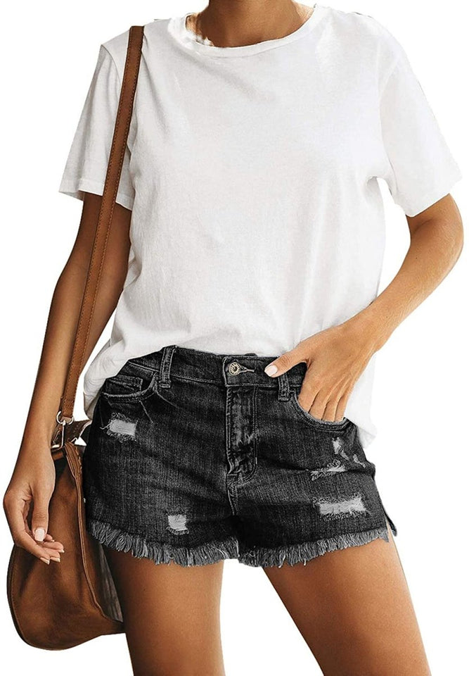 Mid Rise Shorts Frayed Raw Hem Ripped Denim Jean Shorts - Easy Pickins Store