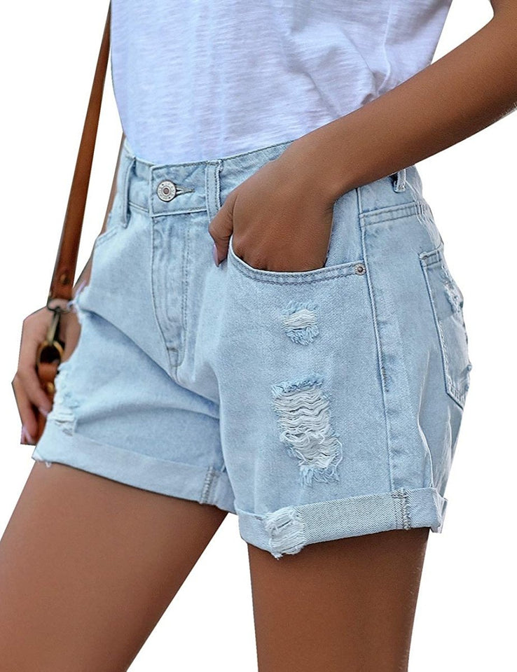 Mid Rise Shorts Frayed Raw Hem Ripped Denim Jean Shorts - Easy Pickins Store