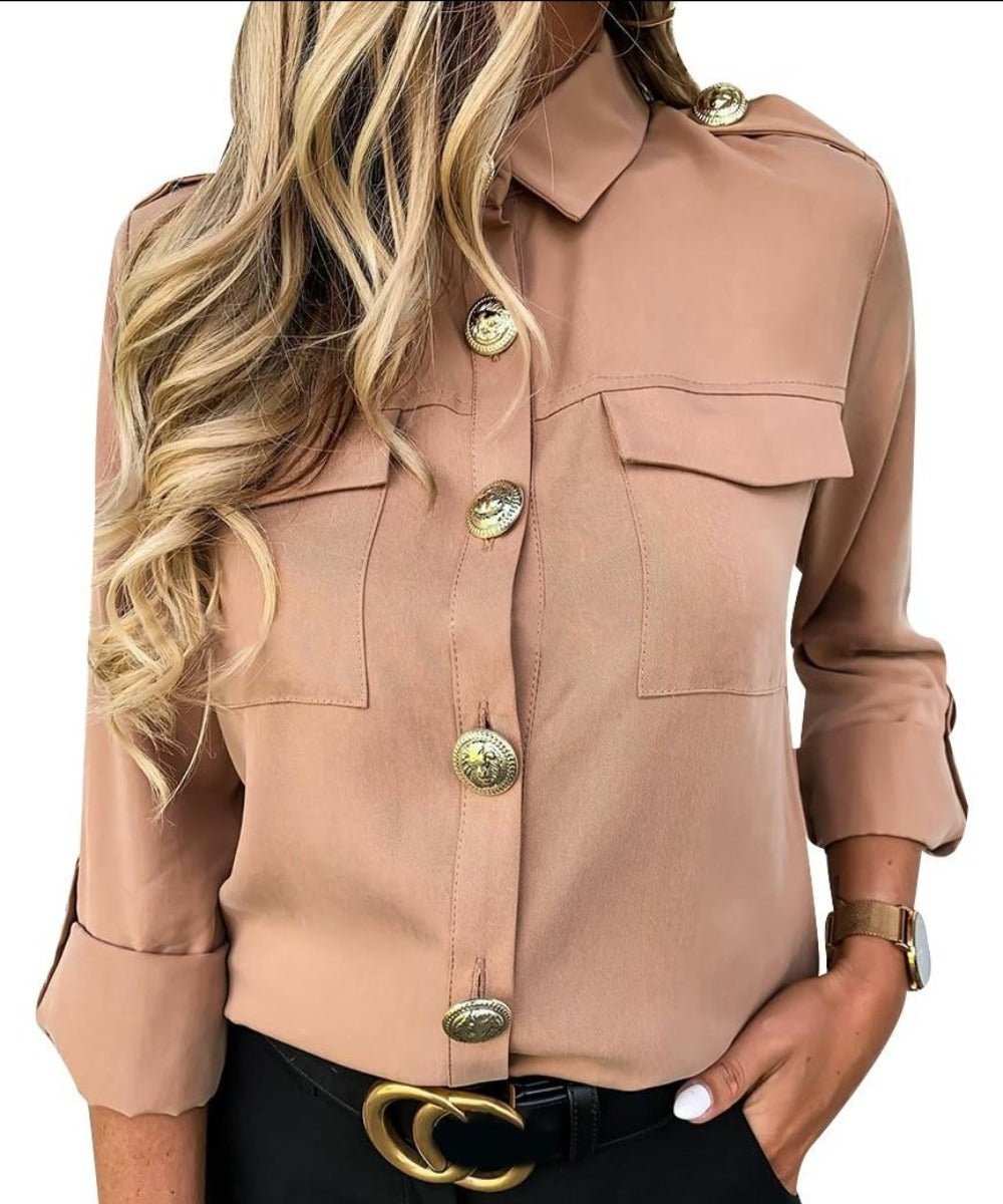 Military Top Casual Button Blouse Pocket Blouse - Easy Pickins Store