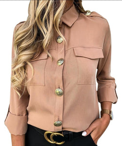 Military Top Casual Button Blouse Pocket Blouse - Easy Pickins Store