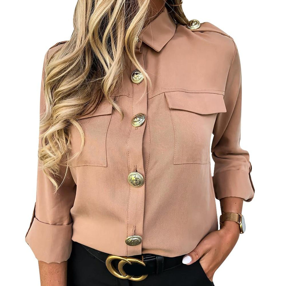 Military Top Casual Button Blouse Pocket Blouse - Easy Pickins Store