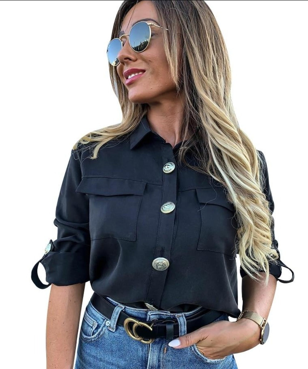 Military Top Casual Button Blouse Pocket Blouse - Easy Pickins Store