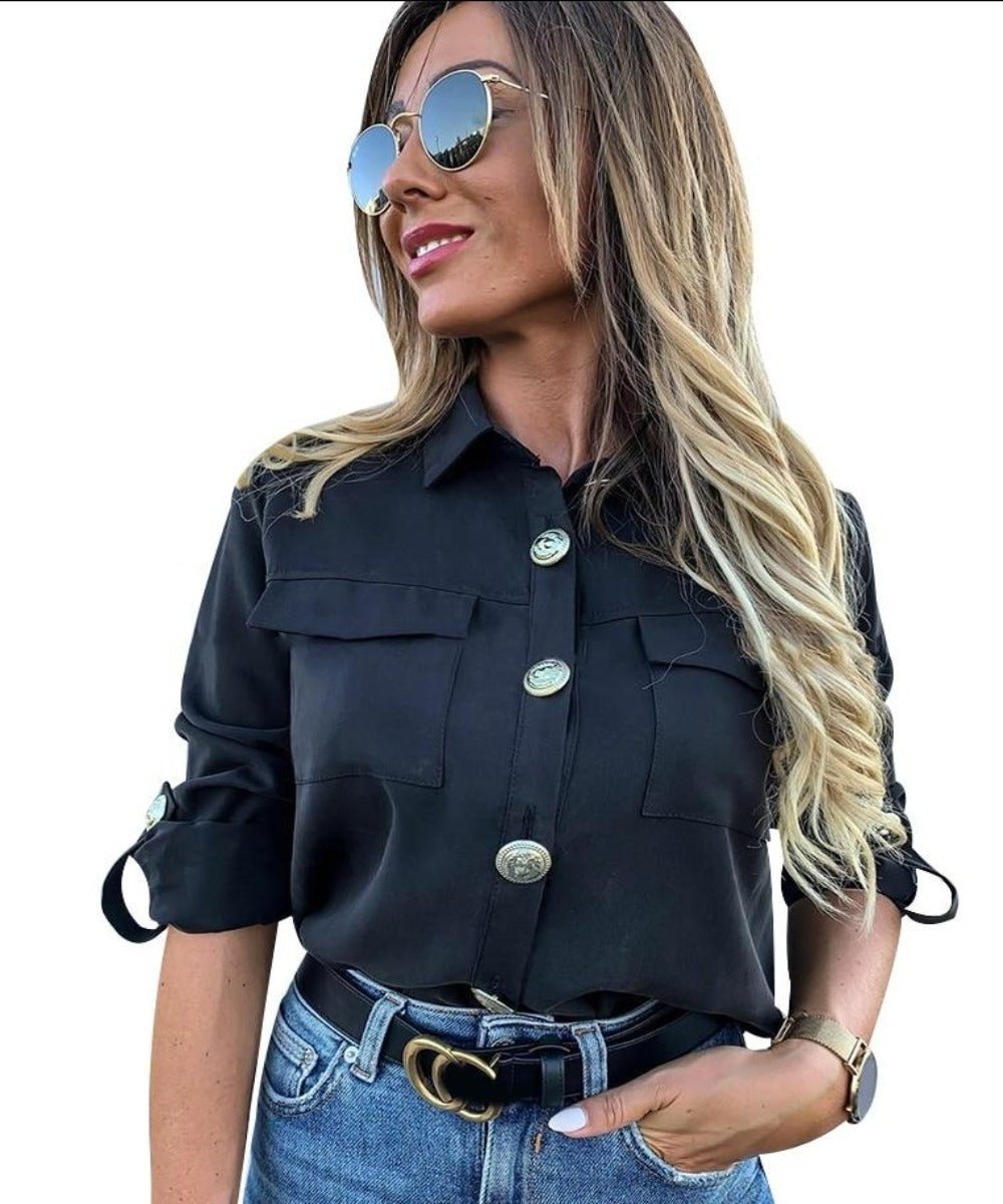 Military Top Casual Button Pocket Blouse - Easy Pickins Store