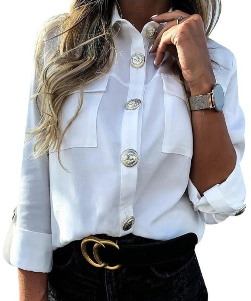 Military Top Casual Button Pocket Blouse - Easy Pickins Store