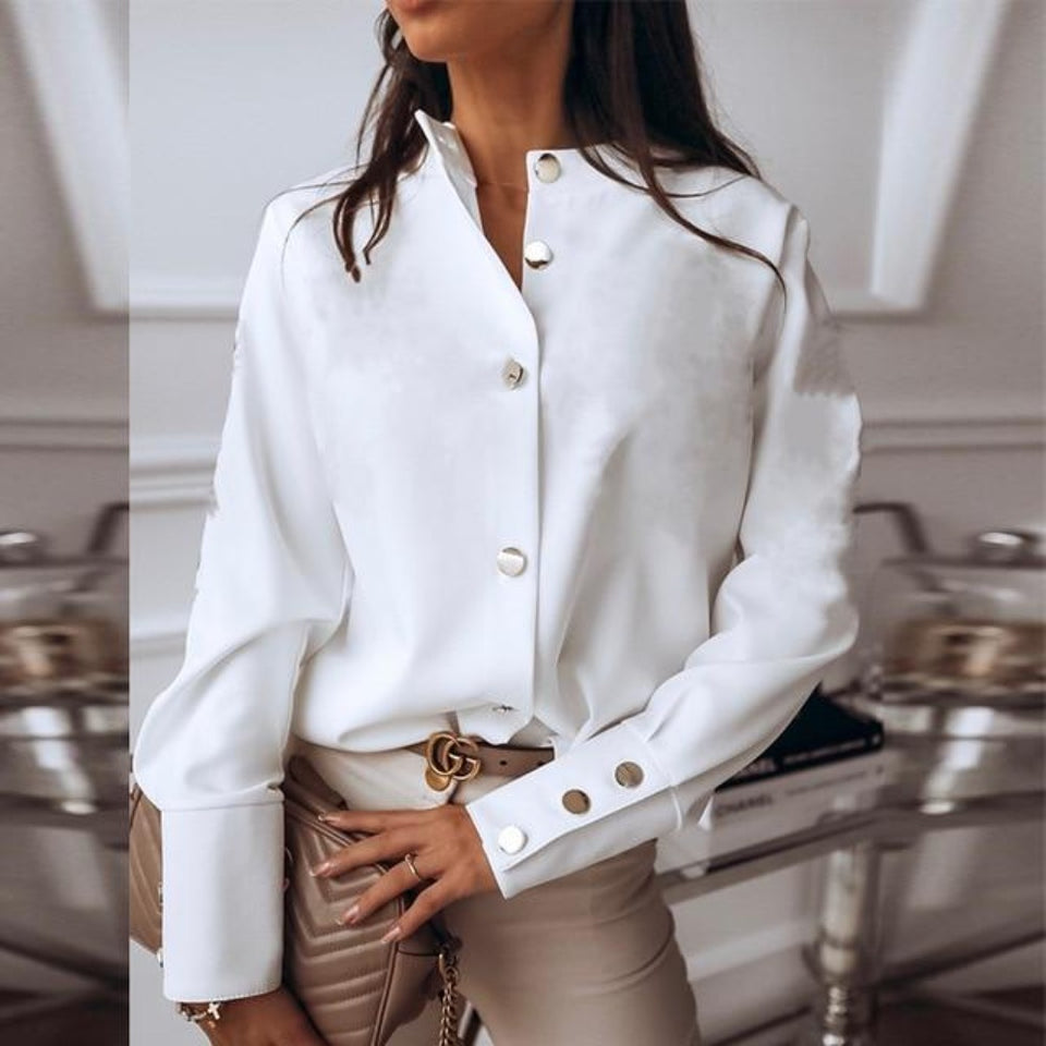 O Neck Elegant Back Metal Buttons Long Sleeve Blouse - Easy Pickins Store