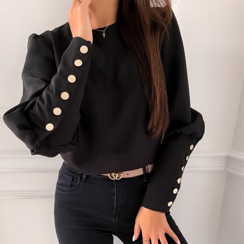 O Neck Elegant Back Metal Buttons Long Sleeve Blouse - Easy Pickins Store