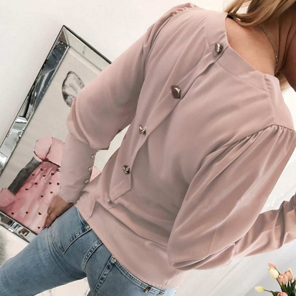 O Neck Elegant Back Metal Buttons Long Sleeve Blouse - Easy Pickins Store