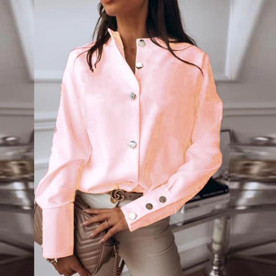 O Neck Elegant Back Metal Buttons Long Sleeve Blouse - Easy Pickins Store